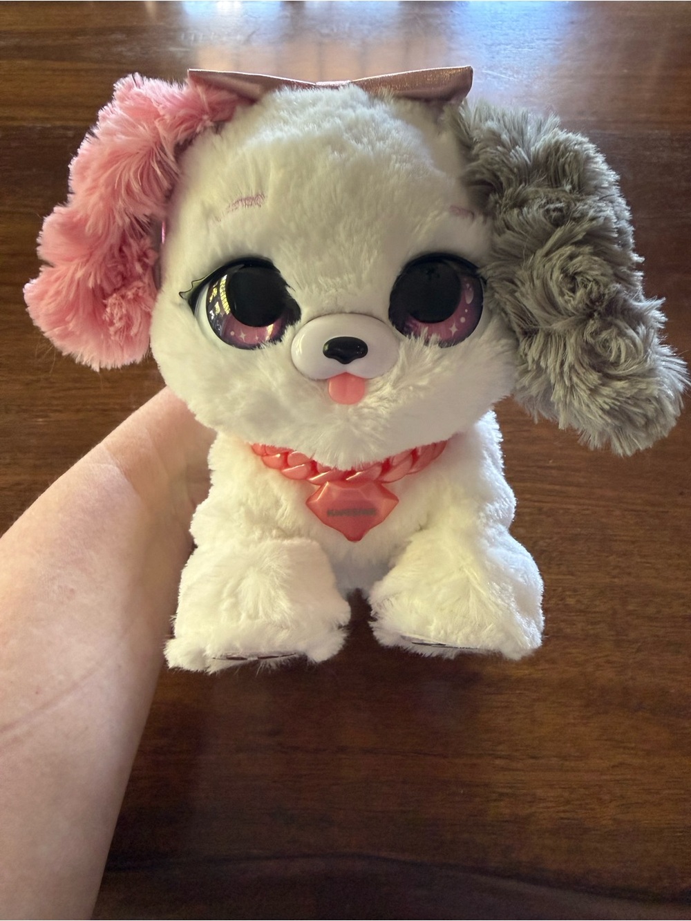 Interactive Present Pet Plush Puppy - Pink, White, and Gray